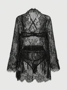 ROMWE Goth Set de lencería de 4 piezas con bralette de cuello halter, tanga, liguero y bata con diseño de mariposa gótica de encaje