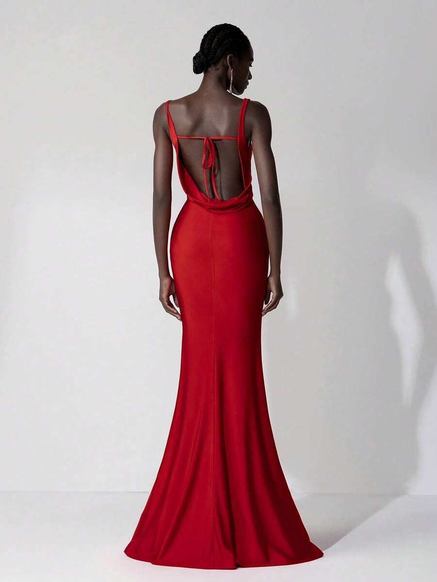Elitara 优雅奢华红色弹力针织泳衣面料，性感背部设计，鱼尾裙，适合婚礼、派对、单身派对、度假、舞会、伴娘礼服（成人） - 紅色 - 查看 1