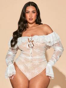 SHEIN BAE Plus Size Women White Elegant Lace Off-Shoulder Flare Sleeve, Ruched Bodysuit Suitable For Commute, Night Out, Afternoon Tea