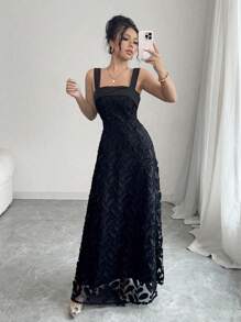 SHEIN Unity Women Mesh Embroidered Lace Trim Slip Dress Maxi Gown - Black - View 6