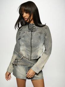 MISSGUIDED Vintage Style Biker Denim Jacket With Double Buckle Stand Collar Retro Motorcycle Fashion Cropped Zip-Up Design Fall Winter Streetwear Outerwear - Blue - View 1