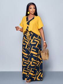 Maweii 2025 大码女装几何图案印花拼布衬衫和印花阔腿裤套装两件套新款几何图案度假海滩度假休闲野餐音乐会音乐节返校季 - 黃色 - 查看 2