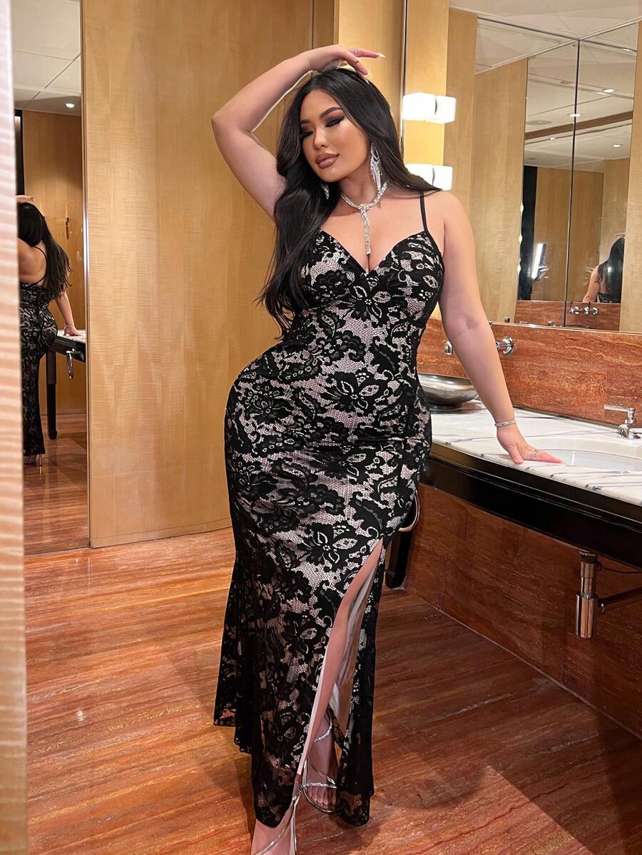 Flirla Plus Size Elegant Sexy Lace Slip Dress With High Slit - Black - View 1