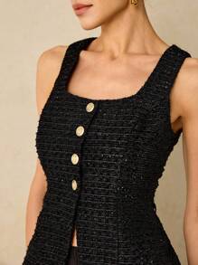 Poéselle Conjunto elegante de 2 piezas para mujer, compuesto por un chaleco de cuello cuadrado de una sola hilera y una falda midi plisada