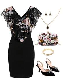 Ellevyn Women's Floral Chiffon Collar Bodycon Dress, Spring Valentine's Day Outfit - Multicolor - View 1