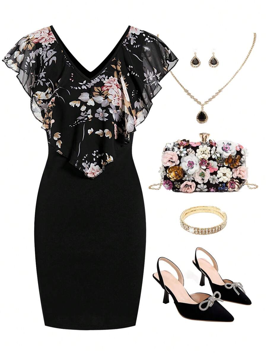 Ellevyn Women's Floral Chiffon Collar Bodycon Dress, Spring Valentine's Day Outfit - Multicolor - View 1