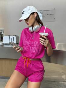 INAWLY Women's Casual Slogan Printed Short Sleeve T-Shirt And Shorts Set, Summer