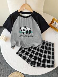 SHEIN Leap Crew Tween Girls Cute Panda Print Contrasting Raglan Sleeve Round Neck T-Shirt And Plaid Pattern Loose Flame Retardant Fabric 2Pcs Pajama Set - Black and White - View 1