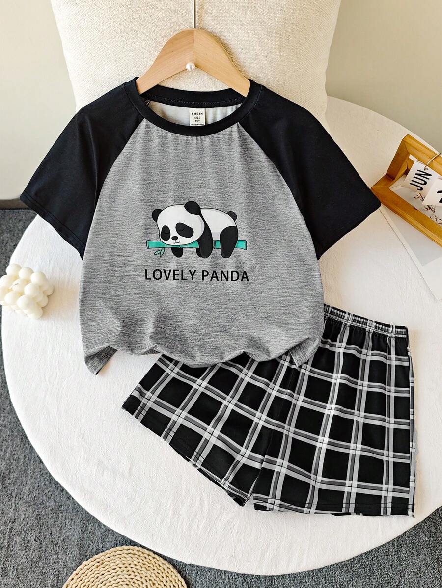 SHEIN Leap Crew Tween Girls Cute Panda Print Contrasting Raglan Sleeve Round Neck T-Shirt And Plaid Pattern Loose Flame Retardant Fabric 2Pcs Pajama Set - Black and White - View 1