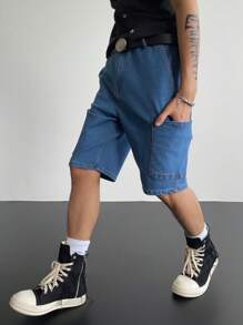 Manfinity EMRG 男士纯色多口袋简约休闲牛仔短裤 - 藍色 - 查看 6