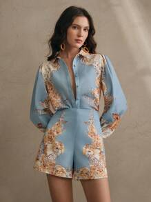 Anewsta 女士春节风格印花阔腿短裤 - 藍色 - 查看 1