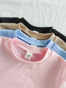 SHEIN Young Girl Casual Simple Solid Short Sleeve T-Shirt, Cute Top