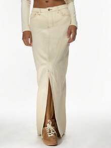 MISSGUIDED 设计师款牛仔长裙，前开衩优雅高腰 A 字长牛仔裙，适合秋冬春季时尚休闲装 - 米色 - 查看 7