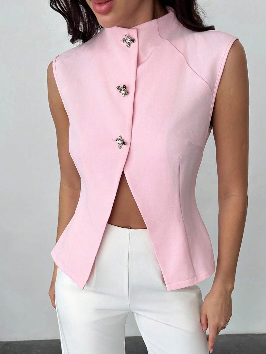 Firerie Elegancka damska marynarka do dojazdów do pracy w kolorze różowym z metalowymi guzikami, unikatowa, jednorzędowa, bezrękawnikowa, cienka marynarka z kołnierzykiem garniturowym, lekka marynarka, garnitur o dopasowanym kroju, wiosna/lato, na co dzień, na imprezę, na sezon balów maturalnych, na wesele, na kostiumy na jesień/zimę - Różowy - Zobacz 1