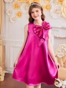 1pc Tween Girls Satin Textured Rhinestone Bow Decor Princess Dress, Spring/Summer - Hot Pink - View 3
