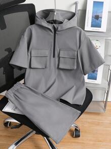 SHEIN Leap Crew 2pcs Tween Boy Korean Style Loose Casual Utility Pocket T-Shirt + Hooded Vest + Shorts 3-Piece Set, Suitable For Outings, School, Festivals, Parties, And Home Use, Spring And Summer