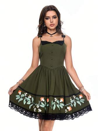 Fairycore Vestido de longitud media con estampado de rana, seta y polilla, efecto color block y terminación de encaje, en estilo vintage cottagecore para mujeres