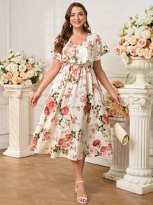 Reflora 女士浪漫花卉印花腰部喇叭中长连衣裙，大码优雅时尚春夏季女士夏装女士加大夏装女士连衣裙大码女士夏装女士优雅女士派对飘逸连衣裙女士连衣裙女士中长连衣裙，沙滩裙太阳裙，波西米亚风度假装 - 彩色 - 查看 3