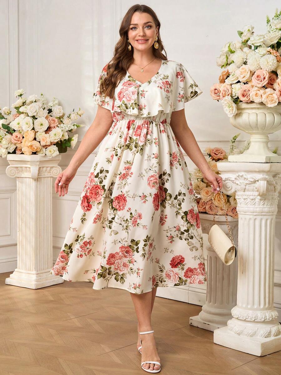 SHEIN Clasi 女士浪漫花卉印花腰部喇叭中长连衣裙，大码优雅时尚春夏季女士夏装女士加大夏装女士连衣裙大码女士夏装女士优雅女士派对飘逸连衣裙女士连衣裙女士中长连衣裙，沙滩裙太阳裙，波西米亚风度假装 - 彩色 - 查看 1