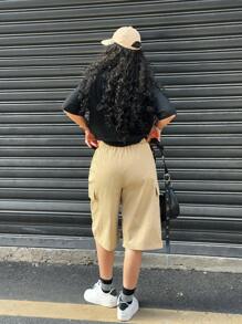 SHEIN Leap Crew Teen Girl Graphic Print T-Shirt & Cargo Shorts 2 Pieces Set, Casual, Loose Fit, Versatile, Round Neck Short Sleeve Tee, Suitable For Various Sports, Back To School, College Style - Khaki - View 2