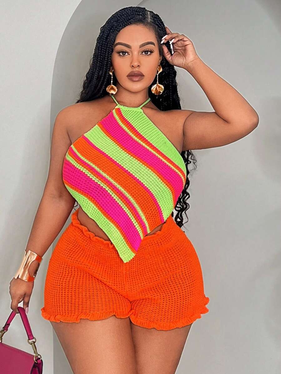 Slaydiva 2025 New All-Match Casual Beachwear Set: Colorful Striped Camisole And Ruffled Hem Mini Shorts, Versatile Daily Look In Fall/Winter