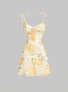 SHEIN PETITE Women's Floral Print Tie Front Bodycon Slip Dress, For Vacation,Sun Dress