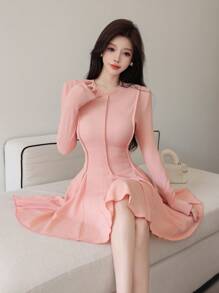 Modelyn Vestido elegante de color rosa palo para mujer con diseño de cuello floral y bajo en forma de campana para ocasiones especiales - Rosa - Ver 4