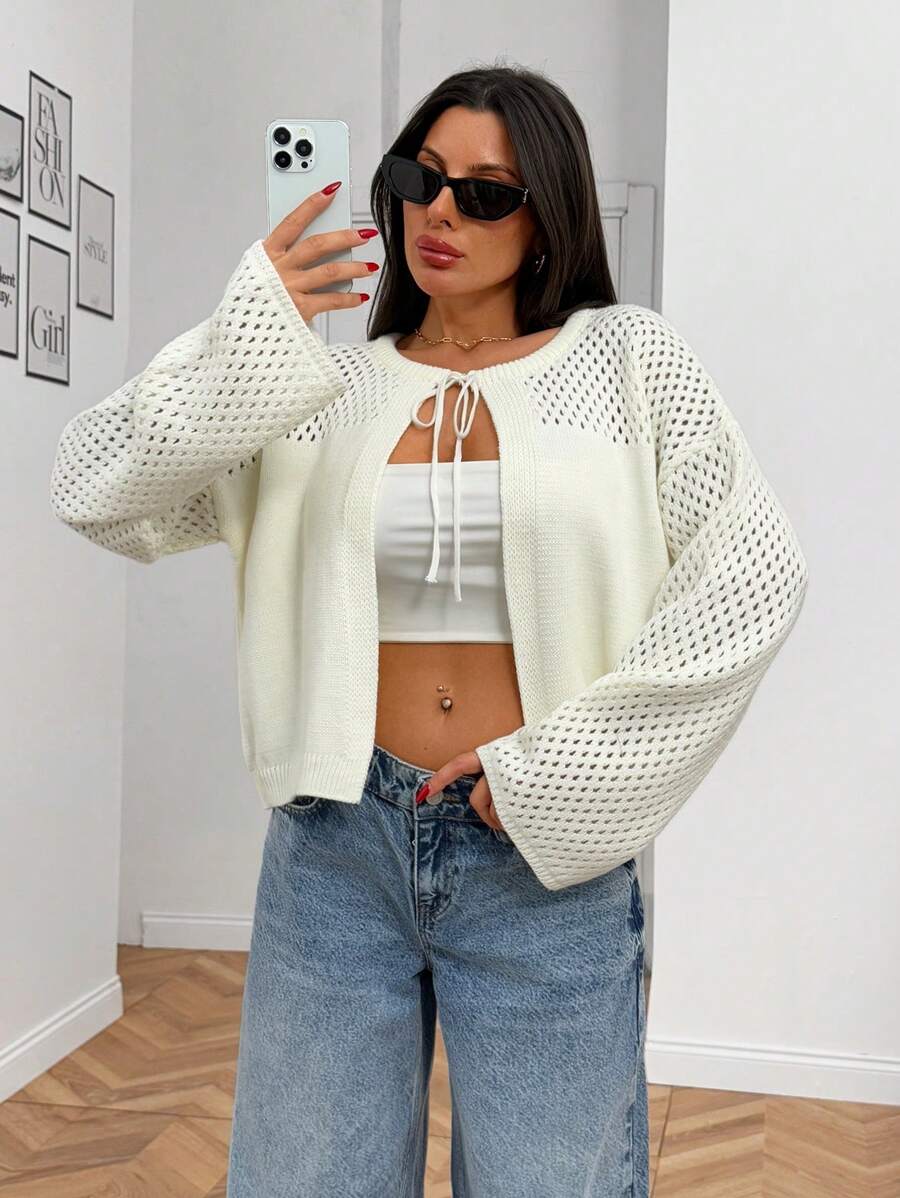 EURMUSE Summer & Autumn Vacation Style Cropped Sweater, Flared Long Sleeve Hollow-Out Knit Cardigan, Mesh Street Short Jacket - White - View 1