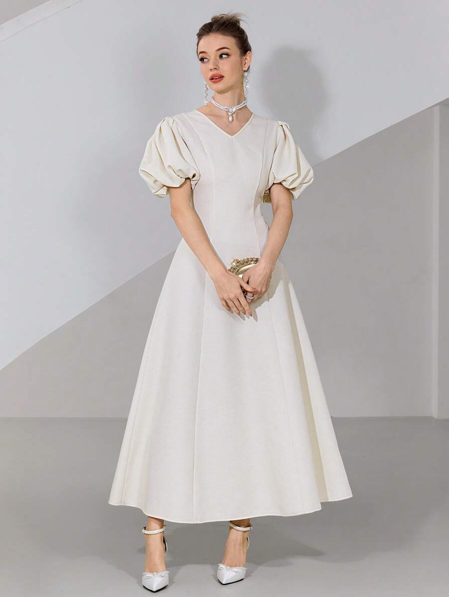 Modelyn 女士优雅 V 领泡泡袖连衣裙