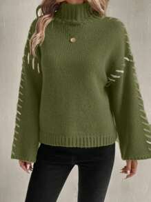 SHEIN LUNE Women's Solid Color Patchwork Turtleneck Long Sleeve Casual Sweater Knit Pullover Fall Winter - Green - View 3