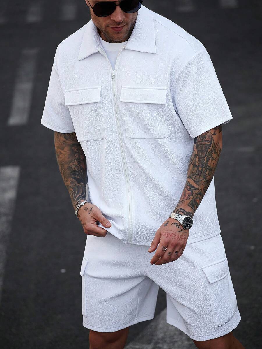Manfinity Homme Men's Solid Color Cargo Pocket Zipper Hem Short Sleeve Shirt And Shorts Set Outfits
INS Versatile Item INS Texture Fabric  Jacquard  Summer Men Tops Outfits Husband  And Boyfriend Gifts For Friends - White - View 1