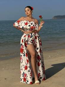 Sunnyshic Plus Size Floral Print Spaghetti Strap Top And Shorts 2pcs Set, Casual Vacation Outfit Easter Wear For Summer, Boho - Multicolor - View 5