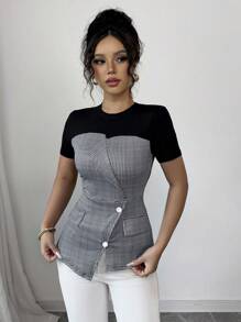 Elenzga 女士优雅短袖 T 恤，圆领，二合一，不对称领口，口袋，黑色针织面料，千鸟格印花，腰部收紧，不对称下摆，胸部拼接，春夏季 - 彩色 - 查看 4