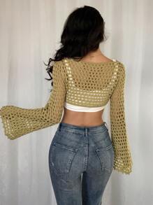 Chiquease 女式春夏钩针镂空透视不对称下摆超短款短款上衣沙滩罩衫，船领喇叭袖套头衫针织套头衫秋冬 - 卡其色 - 查看 2