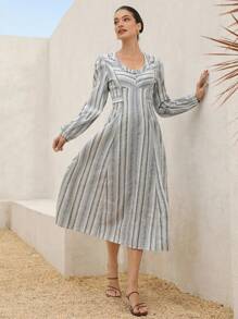 GENKIRA Light Grey,Autumn,Ellegant,Tea Party Vintage French Countryside Ruffle U-Neck Puff Sleeve Tie Waist Slim Butterfly Decor Striped A-Line Midi Dress - Multicolor - View 7