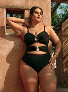 SHEIN Swim Curve Plus Size Women's Black Solid Color Sexy Minimalist Slimming Cut Out Front One-Piece Swimsuit, For Summer Beach Vacation