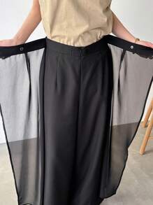 FRIFUL Women's Mesh Patchwork 2 In 1 Cover-Up Top & Satin Pants Set - Black - View 9