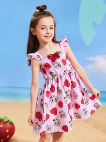 CoComelon X SHEIN Young Girl Cartoon Strawberry & Watermelon Print Cap Sleeve Cute Sweet Dress - Multicolor - View 4