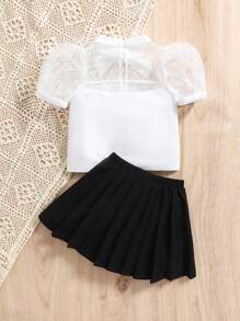SHEIN Fern Glow  Babygirl Cute Summer Polka Dots Mesh Top & Pleated Mini Skirt 2Pcs Set - White - View 2