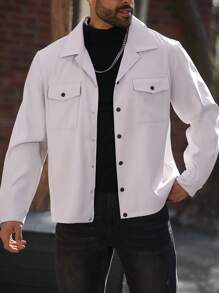 Manfinity Homme Plus Size Men's Solid Color Button Front Long Sleeve Pocket Casual Jacket & Outerwear - Light Grey - View 5