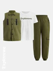 SHEIN Tween-Jungen 2-teiliges Set mit lässigem, schlichtem Alltagsoutfit, kurzärmliges T-Shirt und Hose - Armeegrün - Übersicht 2