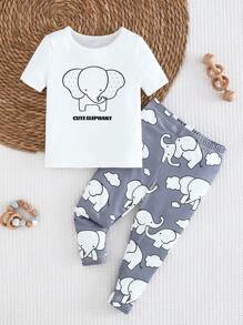 男婴卡通大象印花短袖上衣和裤子两件套衣服大象婴儿服装套装男女通用婴儿衣服婴儿服装合身睡衣紧身春夏装
