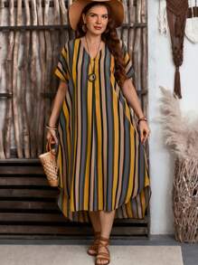 EMERY ROSE Vestido casual recto holgado con cuello en V, mangas de murciélago y rayas para mujer talla grande