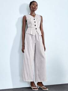 Lumivelle Conjunto de chaleco sin mangas a rayas y pantalones de pierna ancha con estilo - Beis - Ver 3