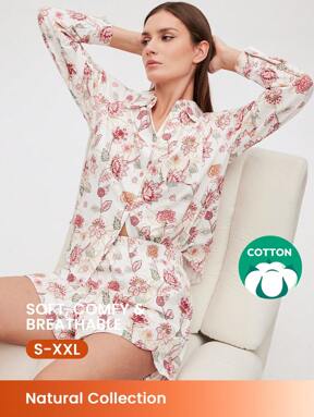 LUVLETTE Pink Soft Cotton Floral Print Button-Up Top & Shorts Loungewear Airy Pajama Set Pants With Pockets Lounge Sets For Women Lingerie