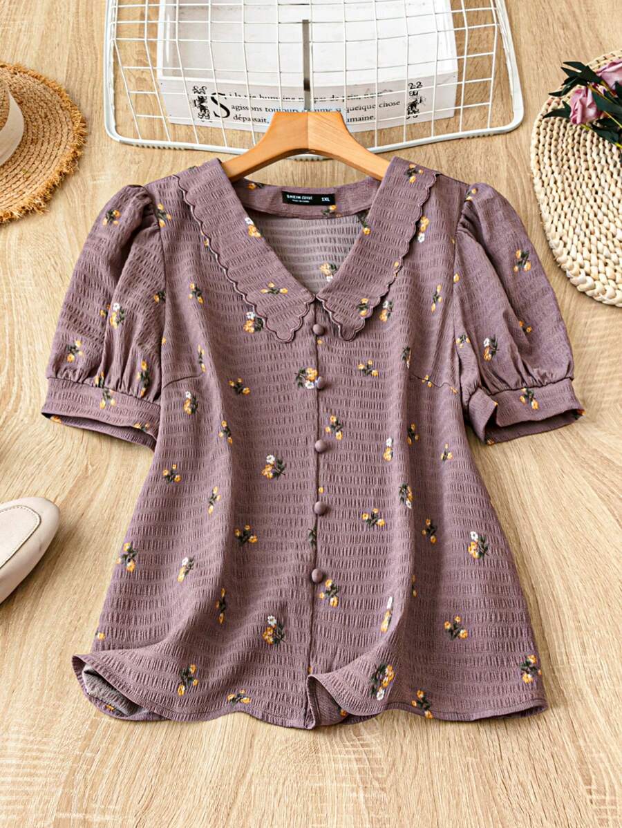 Mulvari Plus Size Women Floral Print Short Puff Sleeve Casual Shirt