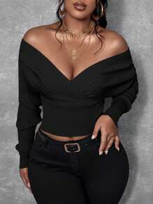 SHEIN X Lucía Bellido SHEIN SXY Áo len dài tay hở vai màu trơn ôm vừa vặn cho nữ, Thu/Đông, Áo dài tay - màu đen - Xem 5