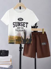 2 Pieces Set Young Boys Leisure Vacation Style Fun Plant Pattern Short Sleeved T-Shirt And Printed Shorts Two Pieces Set, Suitable For Spring And Summer Seasons, Suitable For Outdoor Vacations, School, Sports, And Home Wear - Multicolor - View 2