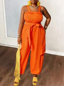 Slaydiva R New 2025 Curve Plus Size Women Solid Color Orange Sleeveless Strap Jumpsuit Spring/Summer - Burnt Orange - View 1