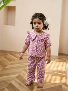 SHEIN 2pcs Baby Girls Floral Print Knitted Cardigan With Ruffle Collar And Long Pants Comfy Homewear Set - Dusty Pink - View 6